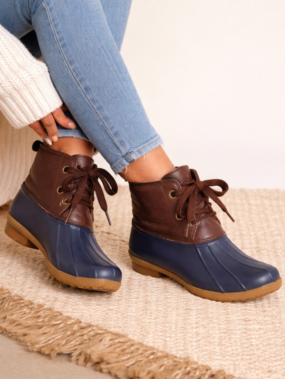 Sperry Saltwater Waterproof Duck Boots Brown Navy Leather Rain Boots 8.5 - Picture 3 of 11